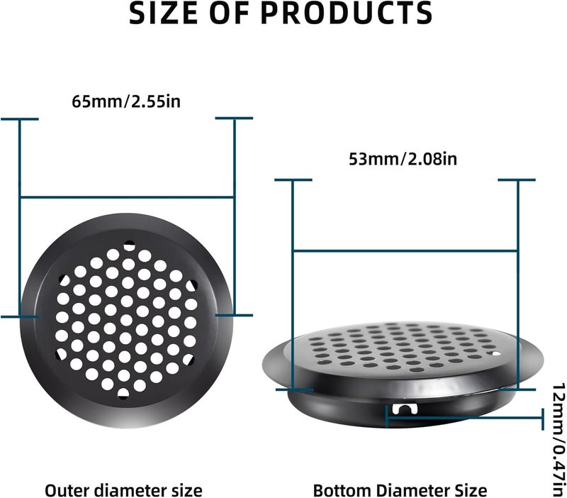 YEUIKERR 50 Pcs Round Soffit Vents 2 inch/53 mm Circular Air Vents Stainless Steel Circular Soffit Vents Mesh Hole Louver for Wardrobe Cabinet Shoe Cabinets Kitchen (Black) - Image 2
